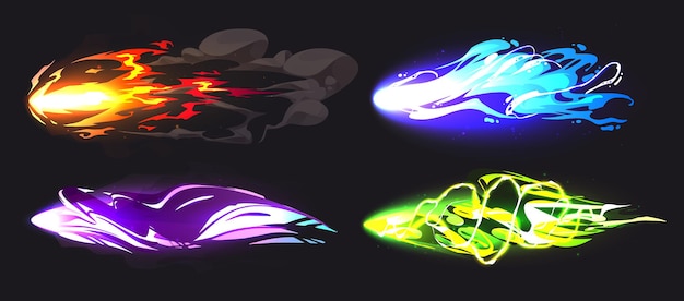 Free vector magic blast game vfx light effect cartoon vector magician spell energy trail with fire glow and abstract cosmic vortex blaster weapon shot twirl for interface purple green and blue attack item