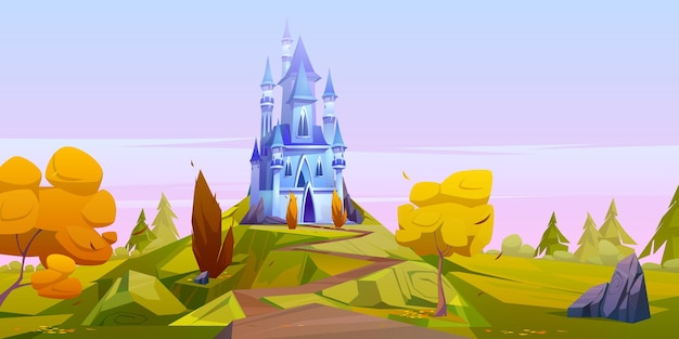 Magic blue castle on green hill with yellow trees.