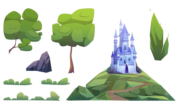 Magic blue castle and landscape elements isolated