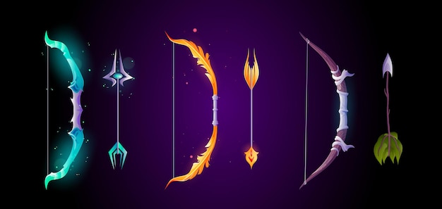 Free vector magic bow with arrow weapon 3d fantasy game gui icon vector isolated design cartoon medieval war clipart with wooden and metal decoration for archer magical fairytale shop ui interface equipment