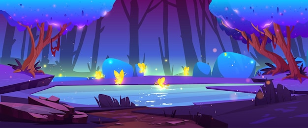 無料ベクター 夜の森のおとぎ話の湖の上を飛ぶ魔法の蝶神秘的な風景のベクトル漫画のイラスト幻想的なホタルと空気中に輝く光のフレア暗闇の中で輝くネオンブルーの木