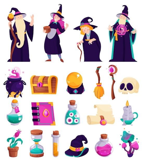 Волшебные мультяшные иконки с аксессуарами волшебника и ведьмы, изолированные векторные иллюстрации