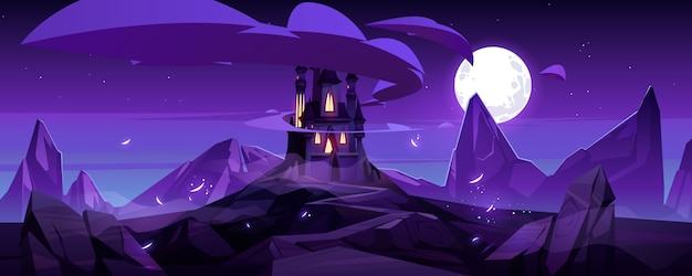 Волшебный замок ночью на горном сказочном дворце