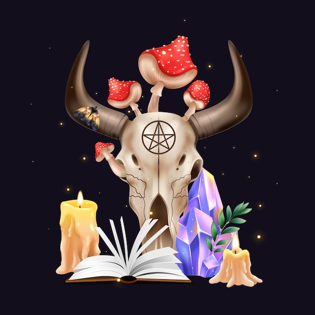 Magic composition in realistic style with cow skull poisonous mushrooms book with spells candles on black background vector illustration