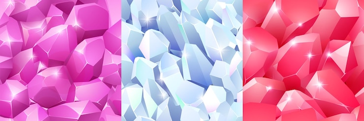 Free Vector magic crystals textures seamless backgrounds for game white red and pink gem stones jewel rock minerals natural gemstones fantasy treasure assets jewelry and geology cartoon vector elements