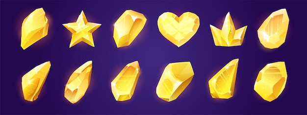 Magic crystals yellow rocks gem stones isolated crystalline gemstones in shape of heart crown and star Sapphire topaz golden beryl jewelry precious organic minerals Cartoon vector game assets