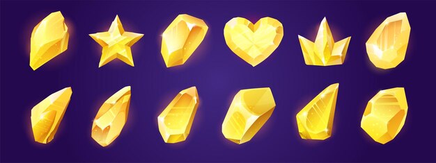 Волшебные кристаллы желтые камни драгоценные камни изолированные кристаллические драгоценные камни в форме короны сердца и звезды сапфир топаз золотой берилл ювелирные изделия драгоценные органические минералы мультяшные векторные игровые активы