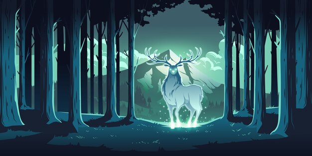 夜の森の魔法の鹿、輝く目と体の神秘的なクワガタ、自然の魂、木の保護者、木々や山の風景のトテミック動物、雄大なトナカイ、漫画イラスト