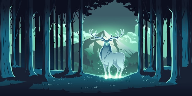 Magic deer in night forest, mystical stag with glowing eyes and body, soul of nature, wood protector, totemic animal at trees and mountain landscape, majestic reindeer, Cartoon illustration