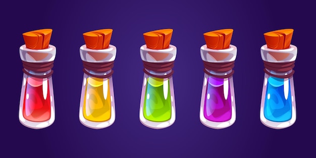 Free vector magic elixir cartoon flasks with glowing liquid
