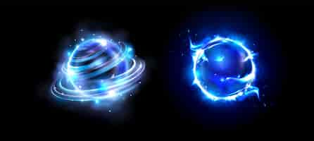 Free vector magic energy ball and blue fire power orb game icon with light glow effect fireball sphere round vector portal swirl element 3d cristal flame burst flare with steam set abstract radial asset kit