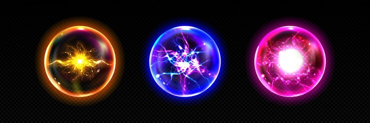 Free Vector magic energy balls isolated on transparent background vector realistic illustration of neon yellow blue pink fortunetelling globes with lightning bolt electrical discharge power strike effect