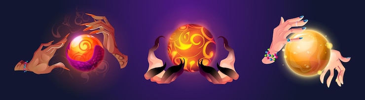 Free Vector magic energy balls in witch hands set isolated on background vector cartoon illustration of female fingers holding fantasy crystals fortunetelling ritual evil witchcraft accessory design element