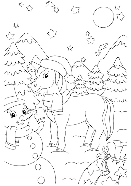 魔法の妖精ユニコーンと雪だるまギフト付きかわいい馬子供のための塗り絵ページ Premiumベクター