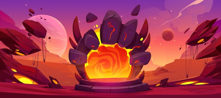 Free Vector magic fantasy game door to hell cartoon vector background ui teleport gate on alien planet and flying stone mystic adventure vortex energy entrance with arch to another dimension world backdrop