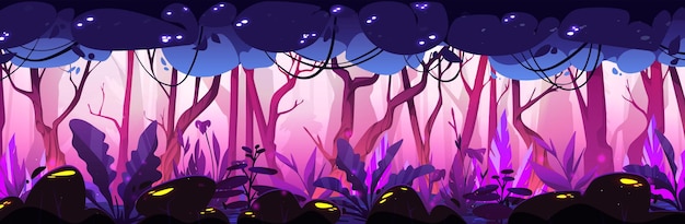 Free vector magic forest background horizontal panoramic misty backdrop with pink and purple tree trunks bushes and plants with glowing elements cartoon vector scenery of fantasy woodland or jungle