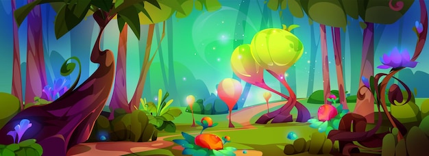 Free vector magic forest cartoon game landscape vector illustration fairy tale fantasy nature scene background cute mystic summer garden with path flower and firefly beautiful mysterious woodland scenery