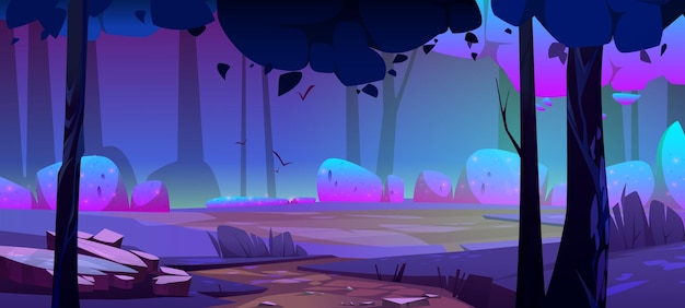 Бесплатное векторное изображение Волшебный лесной пейзаж с деревьями и кустами ночью векторная карикатура на фантастическую сцену леса с мистическим фиолетовым светом фантастический сад с растениями, камнями, дорожкой и поляной