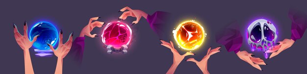 Волшебный шар удачи в руках ведьм мультфильм векторная иллюстрация женские руки с длинными ногтями работают магией над светящимися мистическими сферами с способностью предсказывать будущее волшебник фантазия светящийся кристалл