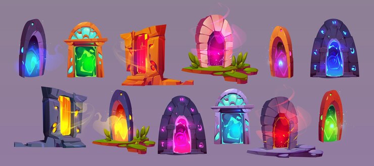 Free Vector magic game door with glowing portal cartoon vector illustration set of fantastic gates and frames with stone and wooden jambs and bright colorful luminous teleport entrance with steam and fog