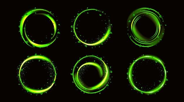 無料ベクター 葉を持つ魔法の緑のネオン光のグローサークル フレアのある抽象的な輝きリングの渦巻き 3d円形の光沢のあるエネルギースピードトレイル スターダスト粒子とぼかしのある茶葉の新鮮な流れ スパイラルエコフレーム