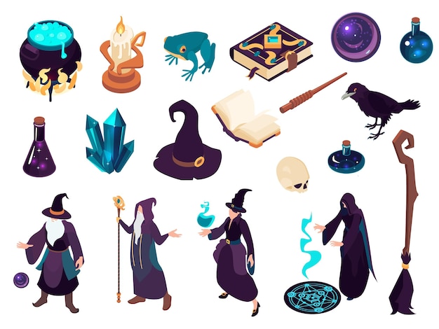 Magic isometric icons set with wizards witches and various stuff for witchcraft and alchemy isolated on white background 3d vector illustration