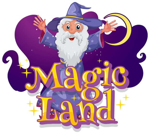 Бесплатное векторное изображение Шрифт magic land с персонажем мультфильма волшебник