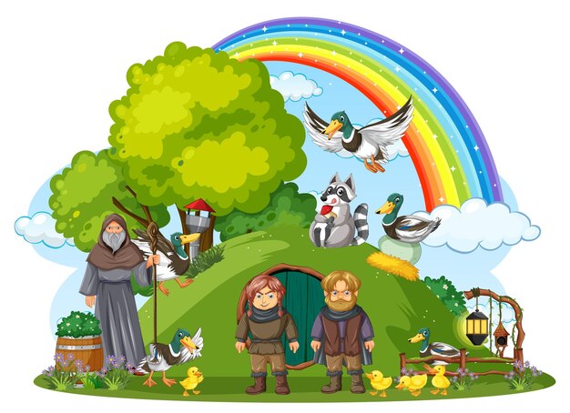 Magic land with medieval cartoon characters