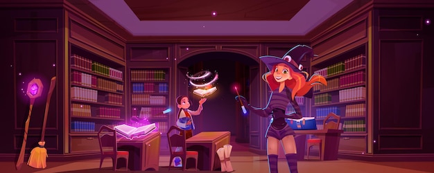 Magic library with wizard and witch students