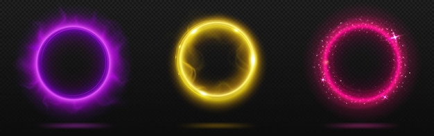 Бесплатное векторное изображение Волшебный световой портал с эффектом неонового свечения реалистичная векторная иллюстрация набор энергетических колец для путешествий во времени и пространстве фантастический электрический светящийся круг или рамка с силой движения