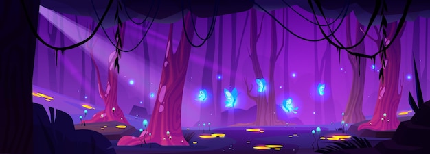 Sfondo di cartone animato di paesaggio forestale notturno magico con bagliore di lucciola e pozzanghera minerale illustrazione di gioco di giungla fantasy con albero e fungo misterioso paese delle meraviglie tropicale con fantastica lucciola