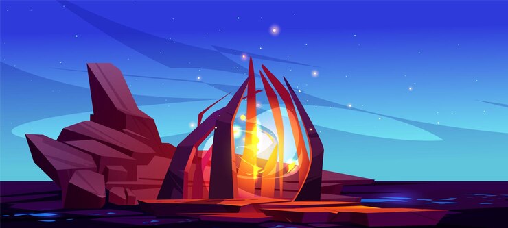 Free Vector magic portal fantastic gate to alien world vector cartoon fantasy illustration game background of rock landscape with mystic yellow glowing in stone frame at night