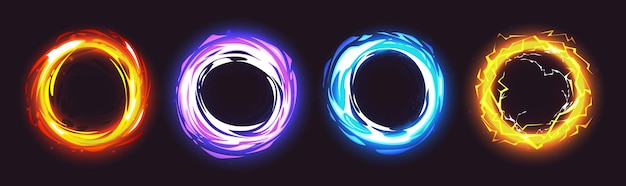 Free vector magic portal light effect set isolated on black background vector cartoon illustration of orange yellow blue purple circles with fire ice lightning power texture teleport frame to fantasy world