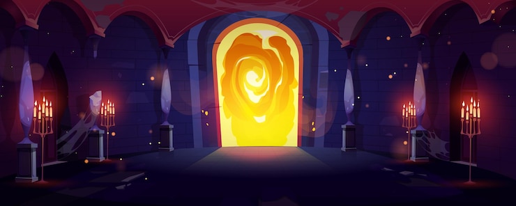 Free Vector magic portal in medieval castle vector cartoon illustration of large dark hall yellow light glowing in stone arch candles burning in chandeliers ancient pillars in palace dungeon fantasy world