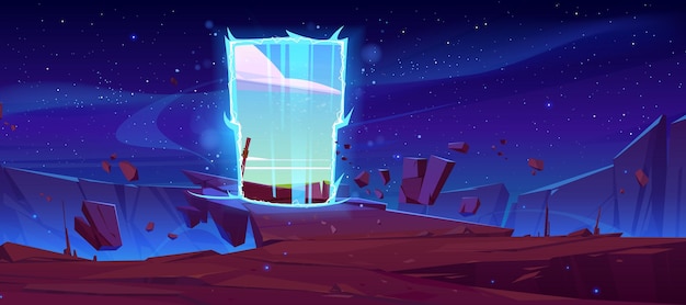 Magic portal on mountain cliff with flying rocks around Fantastic book or computer game scene fantasy landscape background with glowing plasmic entrance under starry sky Cartoon vector illustration