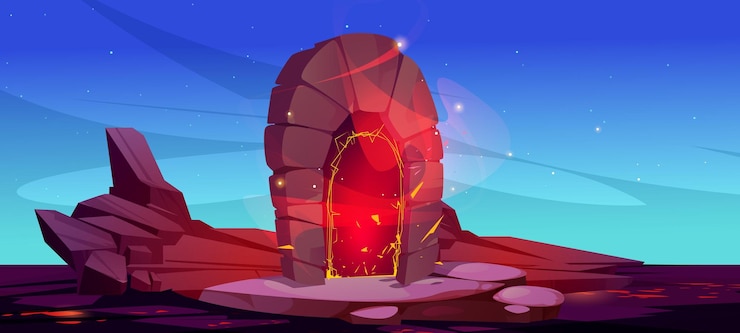 Free Vector magic portal on rocky island landscape vector cartoon illustration of stone arch on mountain platform hot lava on ground burning sparkles glowing in tunnel road to hell adventure game background
