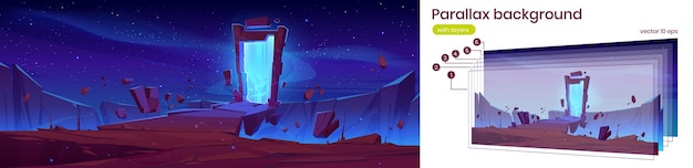 밤에 산 풍경에 돌 프레임에 마법의 포털. 신비한 푸른 빛을 가진 고대 아치의 만화 판타지 삽화가 있는 2d 게임 애니메이션을 위한 벡터 시차 배경