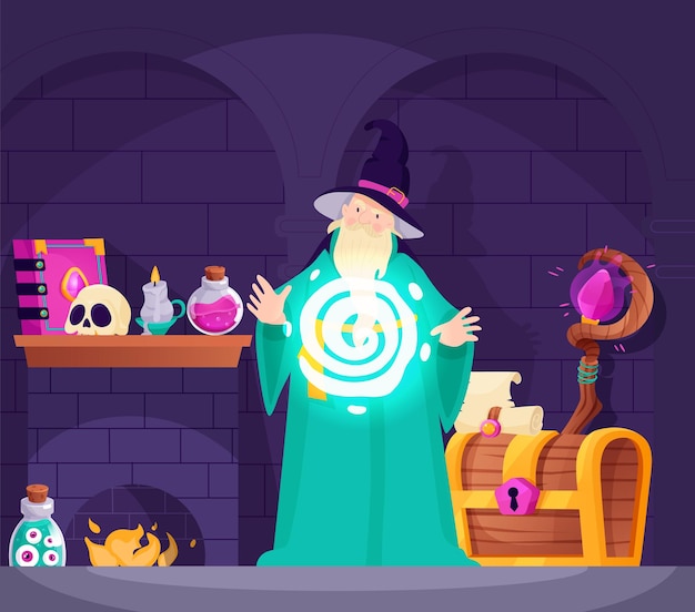 Бесплатное векторное изображение Волшебный плакат с волшебником, накладывающим заклинание волшебника на векторную иллюстрацию мультфильма