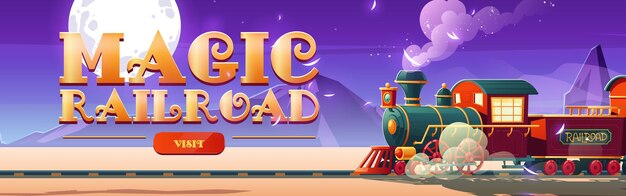 Magic railroad banner with steam train in wild west children train in amusement park or festival