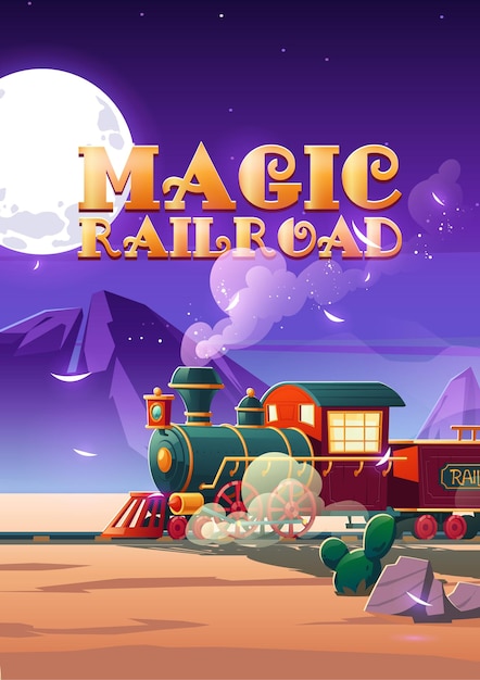 Magic railroad cartoon poster steam train riding night wild west desert landscape with railroad cacti and rocks under starry sky