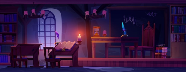 Free vector magic school classroom interior at night