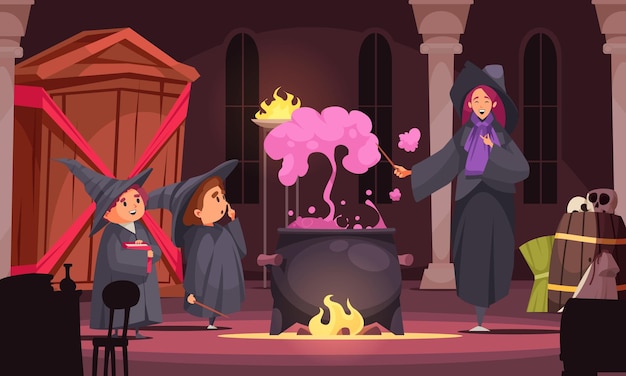 Magic school composition with indoor scenery and female teacher brewing potion with purple smoke and pupils