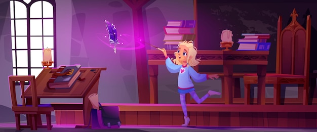 Бесплатное векторное изображение Волшебная школьная комната с девушкой и летающим перьем