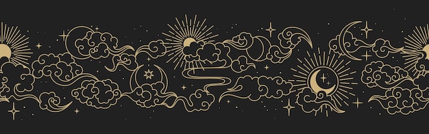 Magic seamless vector border with moons, clouds, stars and suns. chinese gold decorative ornament. graphic pattern for astrology, esoteric, tarot, mystic and magic.