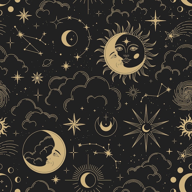 Magic seamless vector pattern with sun, constellations, moons and stars. gold decorative ornament. graphic pattern for astrology, esoteric, tarot, mystic and magic. luxury elegant design.