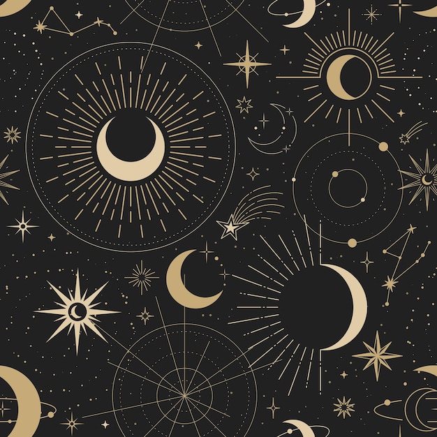 Magic seamless vector pattern with sun, constellations, moons and stars. gold decorative ornament. graphic pattern for astrology, esoteric, tarot, mystic and magic. luxury elegant design.