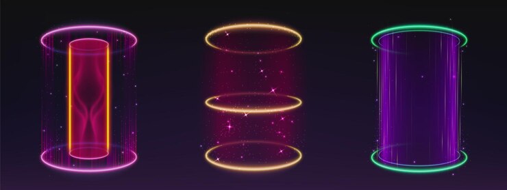 Free Vector magic shimmering light portals set isolated on black background vector realistic illustration of neon purple yellow green pink hologram for space game ui design sparkles and mist effect teleport