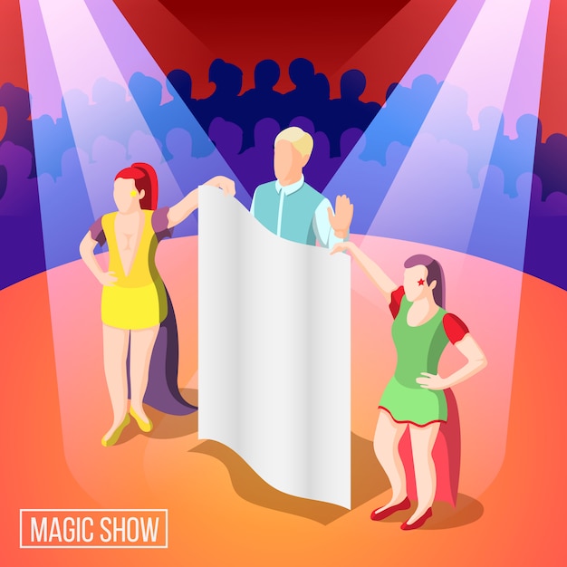 Free vector magic show isometric background  illusionist behind curtain under light rays on stage with viewers