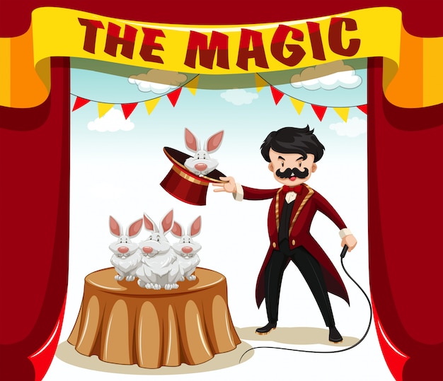 Free vector magic show with magician and rabbits