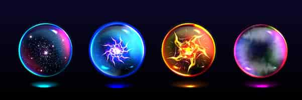 Free vector magic spheres, crystal balls with lightning, energy burst, stars and mystical fog inside. realistic set of glass globes, glowing orbs for magician and fortune teller